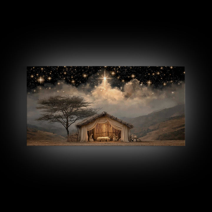 Holy Night Glow, Framed Canvas Print, Christian Christmas Art, Christian Wall Art, Jesus Painting, Christmas Canvas Art