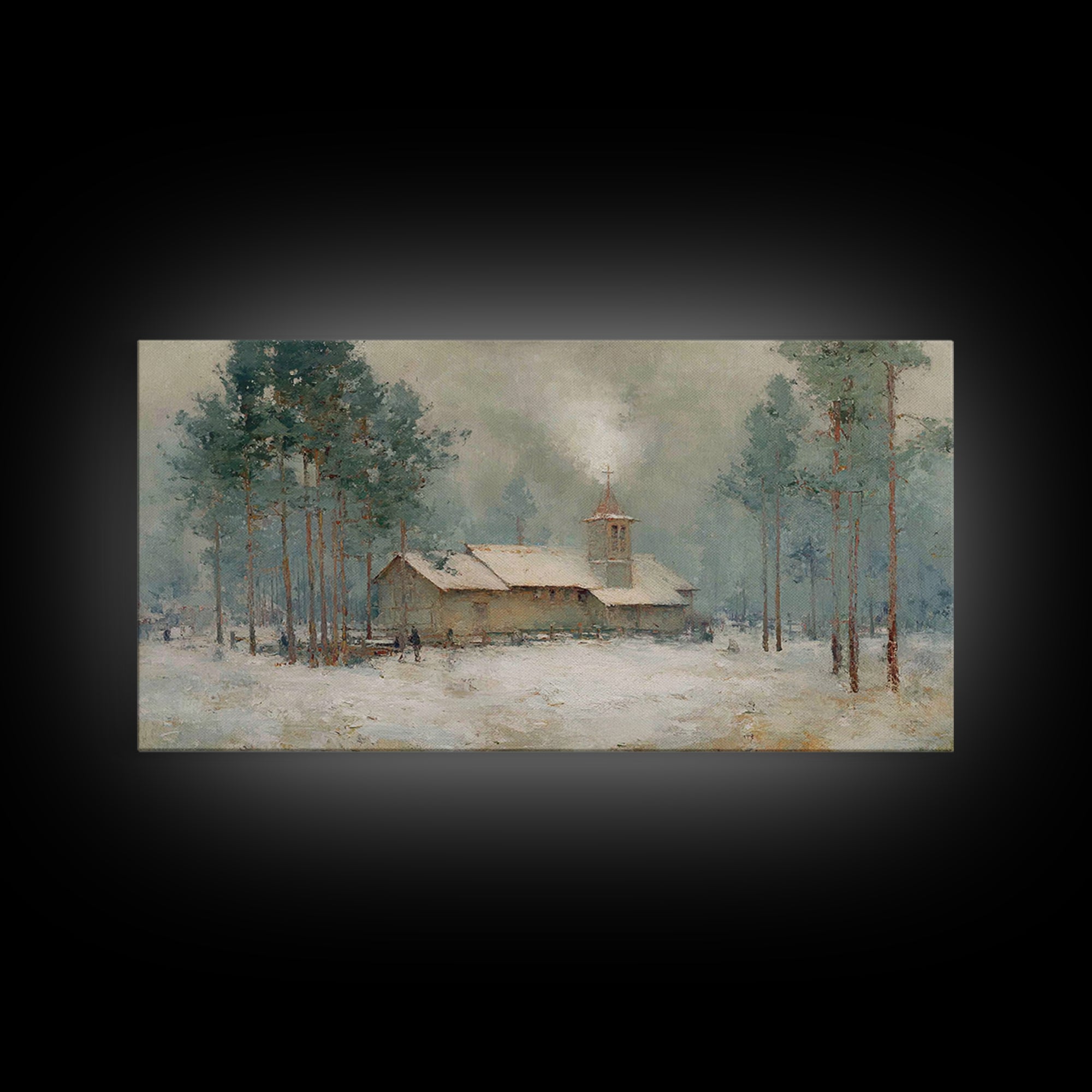 Snowy Pine Chapel | Framed Canvas Print | Christian Wall Art | Christmas Canvas Wall Art | Christian Art Gift | Winter Christian Art