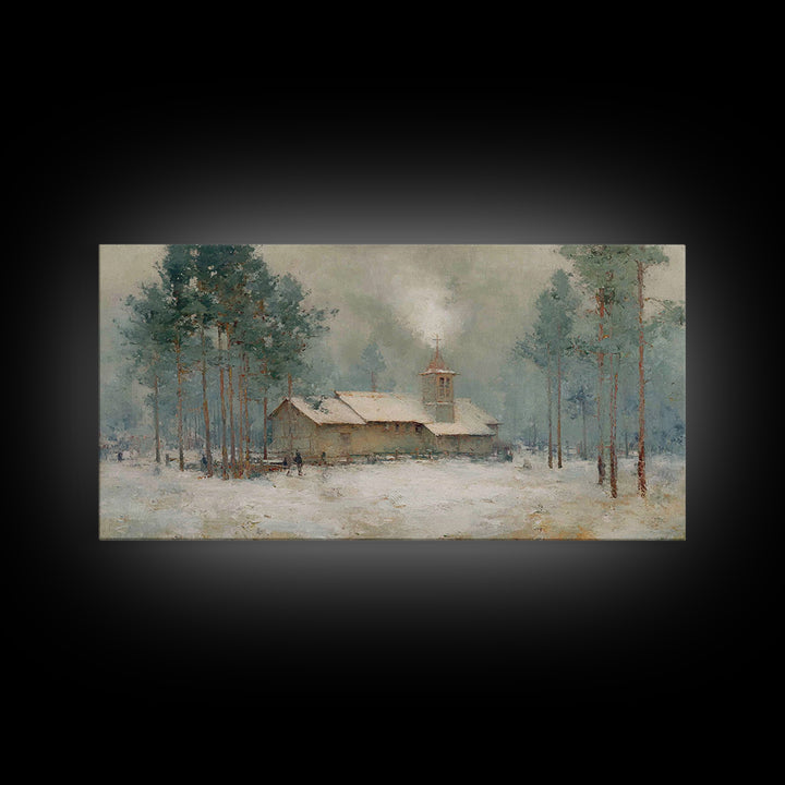 Snowy Pine Chapel | Framed Canvas Print | Christian Wall Art | Christmas Canvas Wall Art | Christian Art Gift | Winter Christian Art