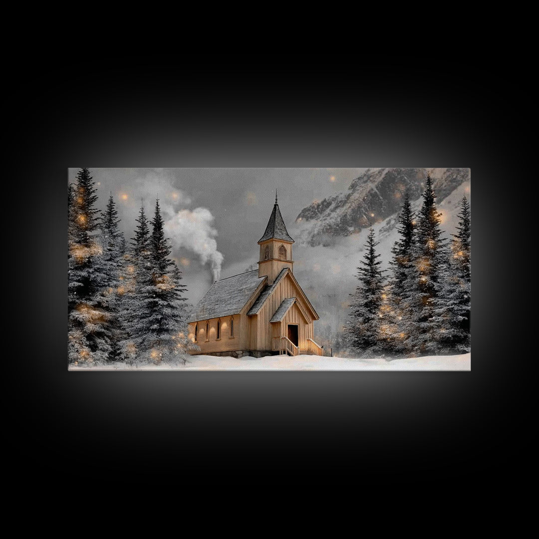 Mountain Chapel Glow - Framed Canvas Print - Christian Wall Art - Christian Christmas Art - Christmas Wall Art - Christian Decor