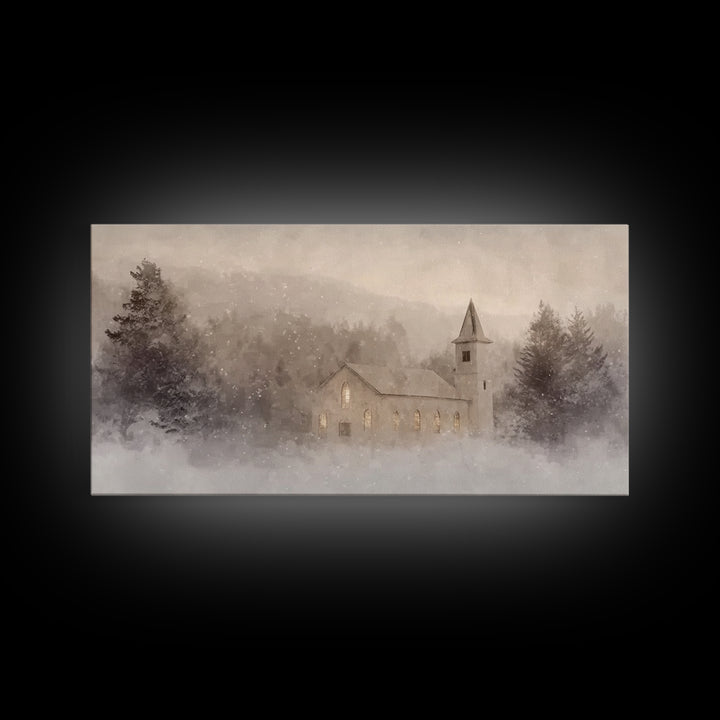 Snowy Chapel – Framed Canvas Print – Christian Christmas Art – Christian Art Canvas – Christmas Wall Art – Christian Paintings – Christian