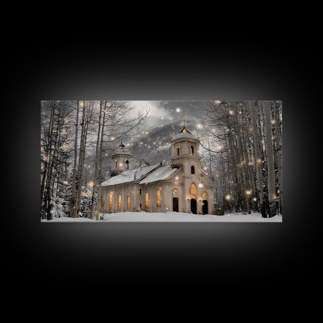 Evergreen Church – Framed Canvas Print – Christmas Wall Art – Christian Art Canvas – Framed Christmas Wall Art – Christian Christmas Art –