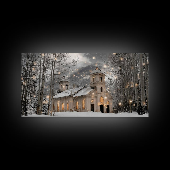 Evergreen Church – Framed Canvas Print – Christmas Wall Art – Christian Art Canvas – Framed Christmas Wall Art – Christian Christmas Art –