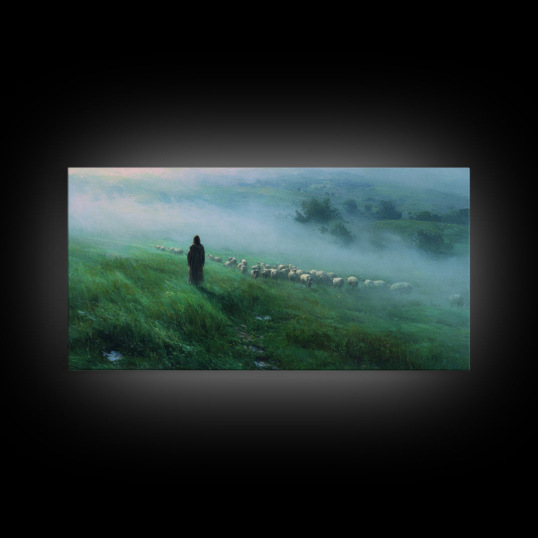 Morning Shepherd – Framed Canvas Print – Christian Art Canvas – Christian Wall Art – Jesus Painting – Christian Art Prints – Moody Christia