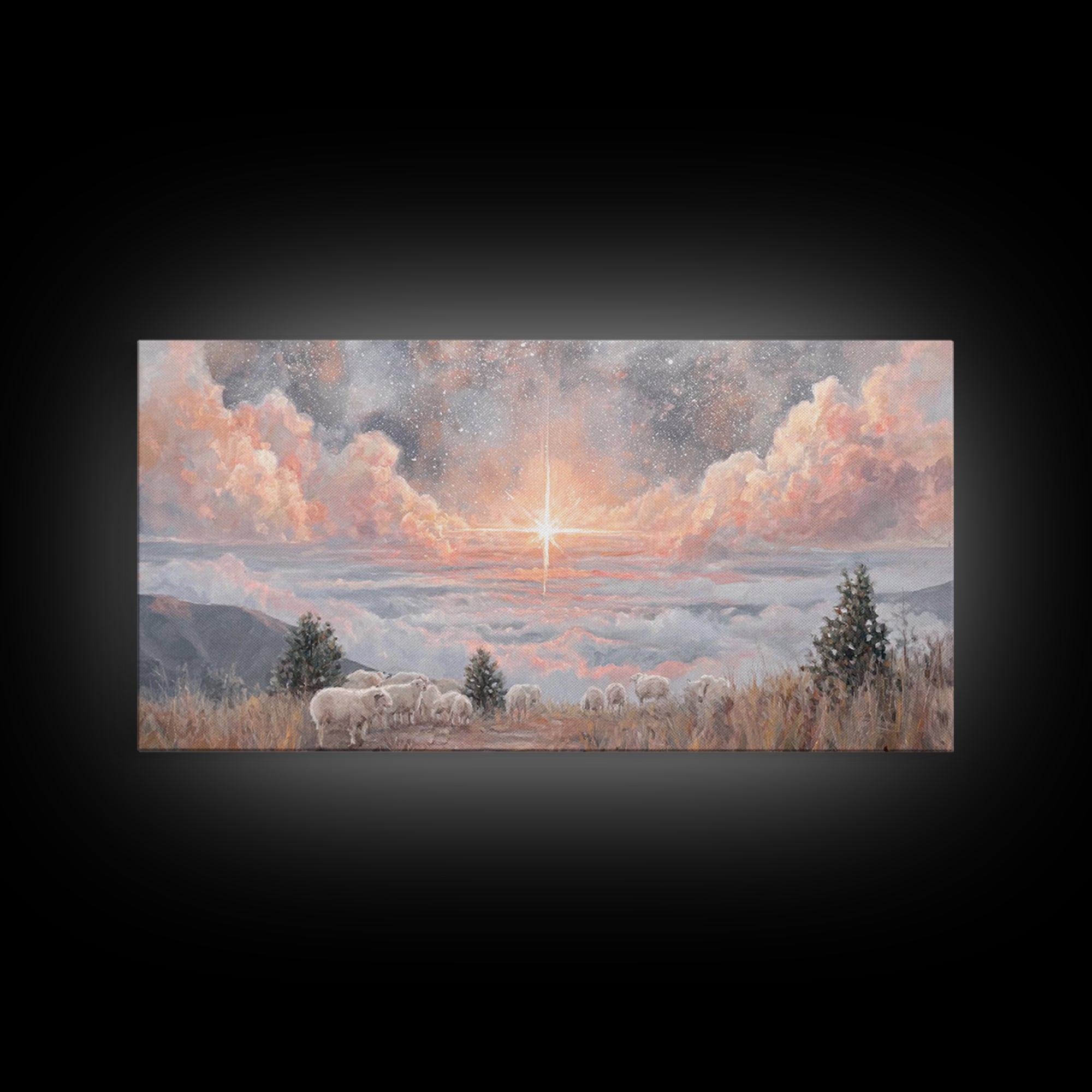 Shepherds’ Field Light – Framed Canvas Print – Christian Christmas Art – Christian Art Canvas – Retro Christmas Art – Christian Decorations