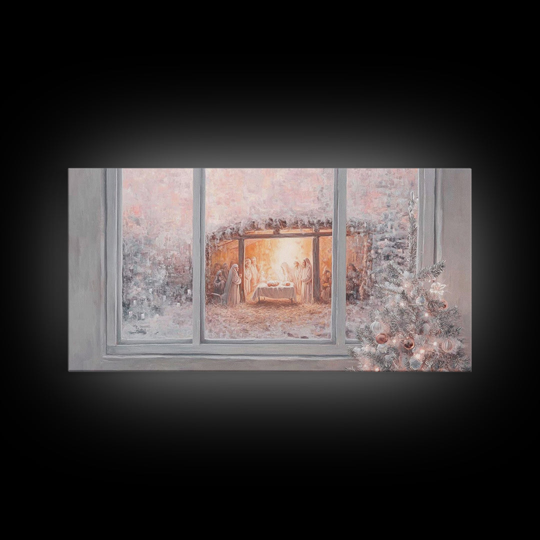 Nativity Through Frosted Glass | Framed Canvas Print | Christian Christmas Art | Christmas Wall Art | Jesus Painting | Christian Art Canvas