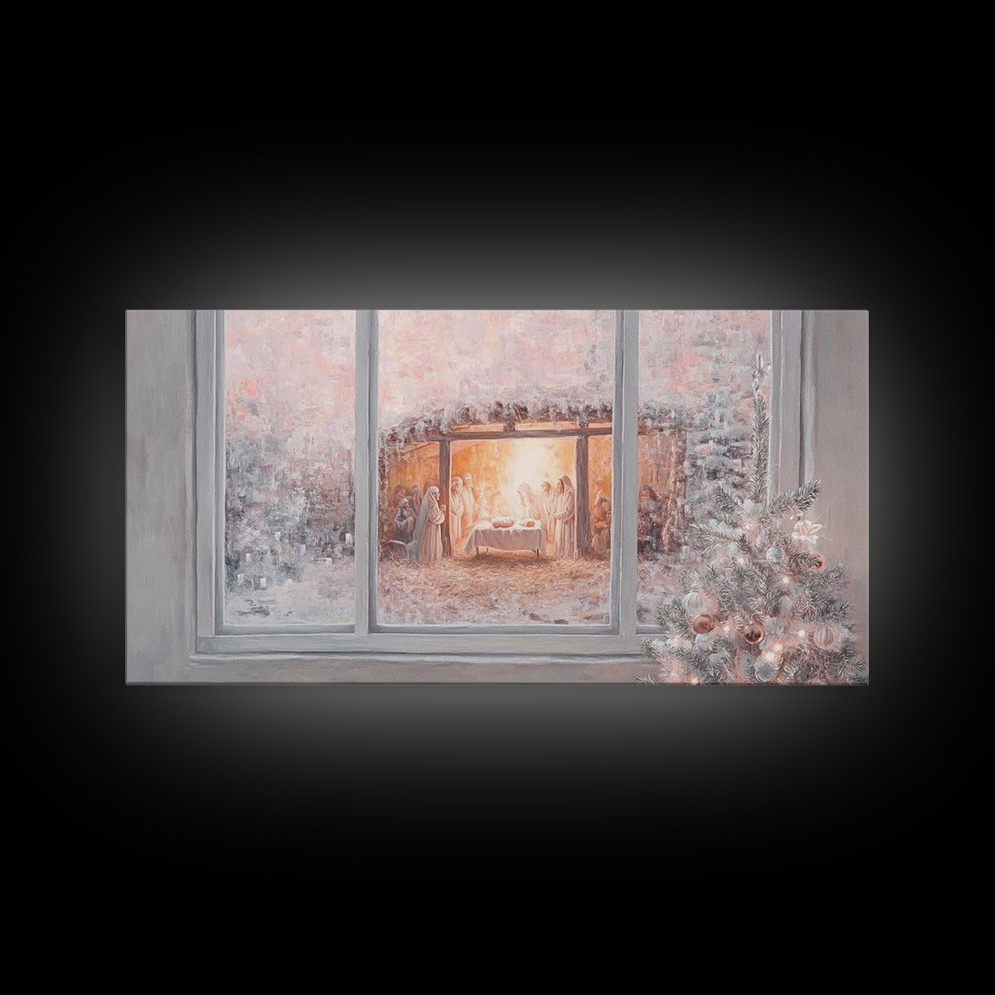 Nativity Through Frosted Glass | Framed Canvas Print | Christian Christmas Art | Christmas Wall Art | Jesus Painting | Christian Art Canvas