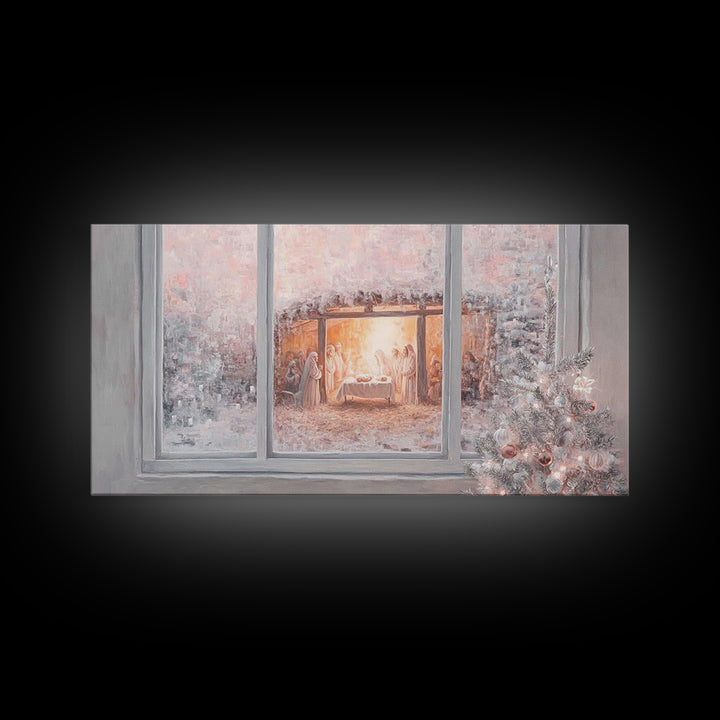 Nativity Through Frosted Glass | Framed Canvas Print | Christian Christmas Art | Christmas Wall Art | Jesus Painting | Christian Art Canvas