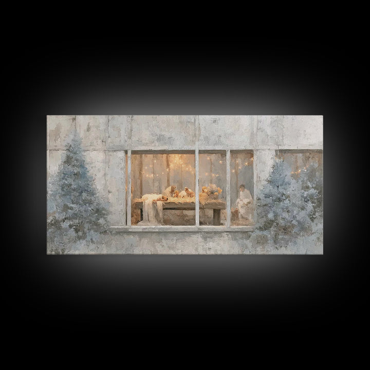 Winter Manger Light – Framed Canvas Print – Christian Christmas Art – Christmas Wall Art – Jesus Painting – Christian Art Canvas – Framed C