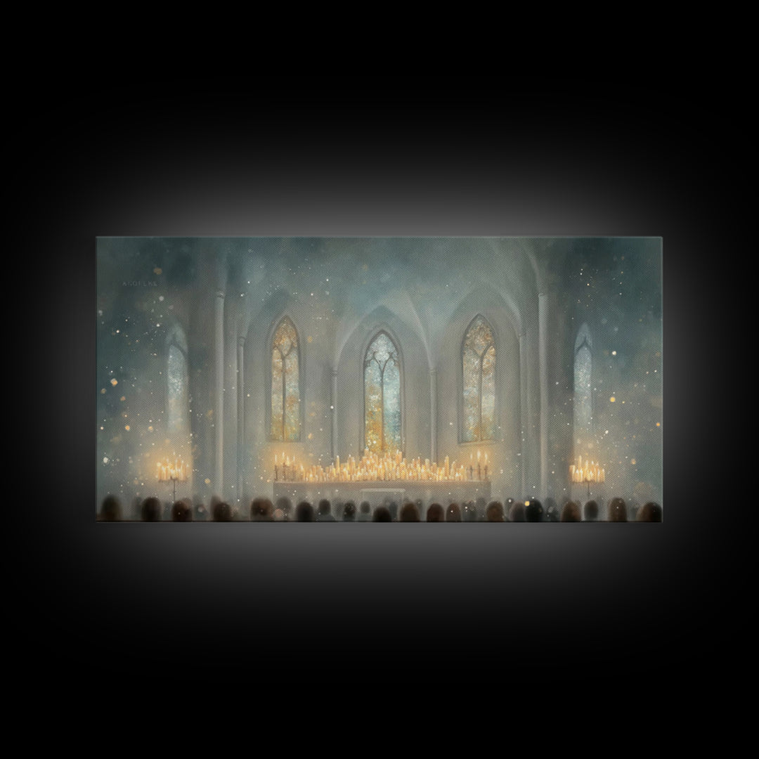 Cathedral Midnight Flame – Framed Canvas Print – Christian Paintings – Christmas Wall Art – Christian Christmas Art – Large Christian Paint