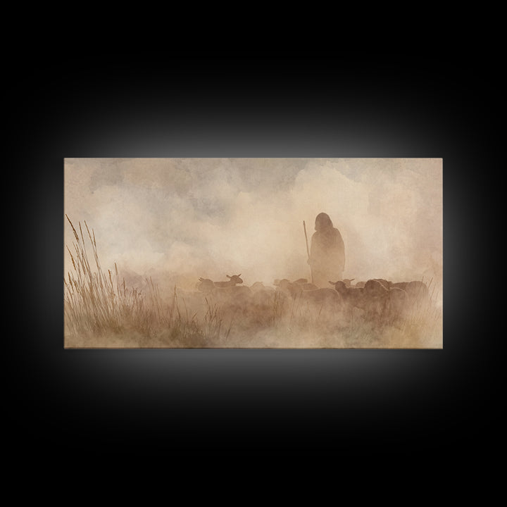 Shepherd In Mist – Framed Canvas Print | Christian Art Canvas | Christian Wall Art | Christian Christmas Art | Christian Art | Jesus Painti