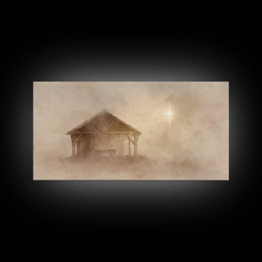 Starlit Stable – Framed Canvas Print – Christian Christmas Art – Christmas Canvas Wall Art – Christian Wall Art – Christian Art Print – Chr