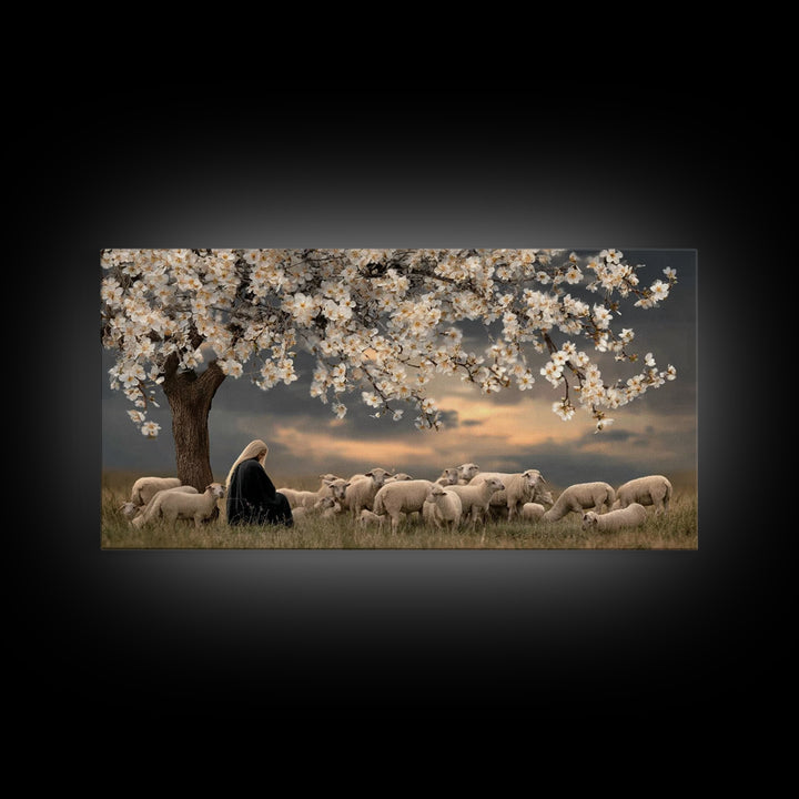 Gentle Twilight Shepherd, Framed Canvas Print, Christian Wall Art, Jesus Painting, Christmas Art, Christian Art Canvas