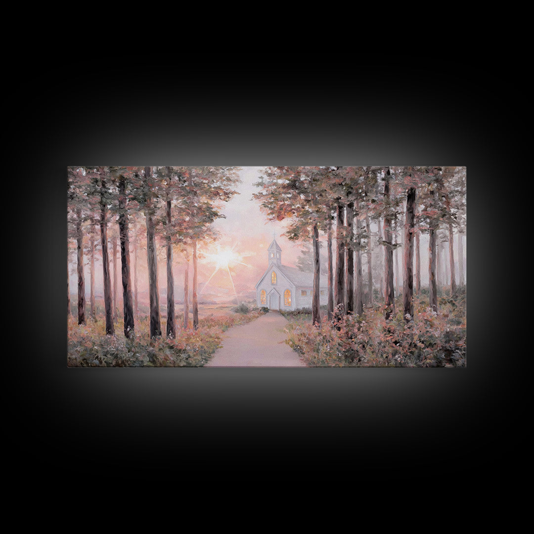 Sunlit Chapel Path, Framed Canvas Print, Christian Art Canvas, Christian Wall Art, Christian Art, Christian Painting, Christian Gift Ideas