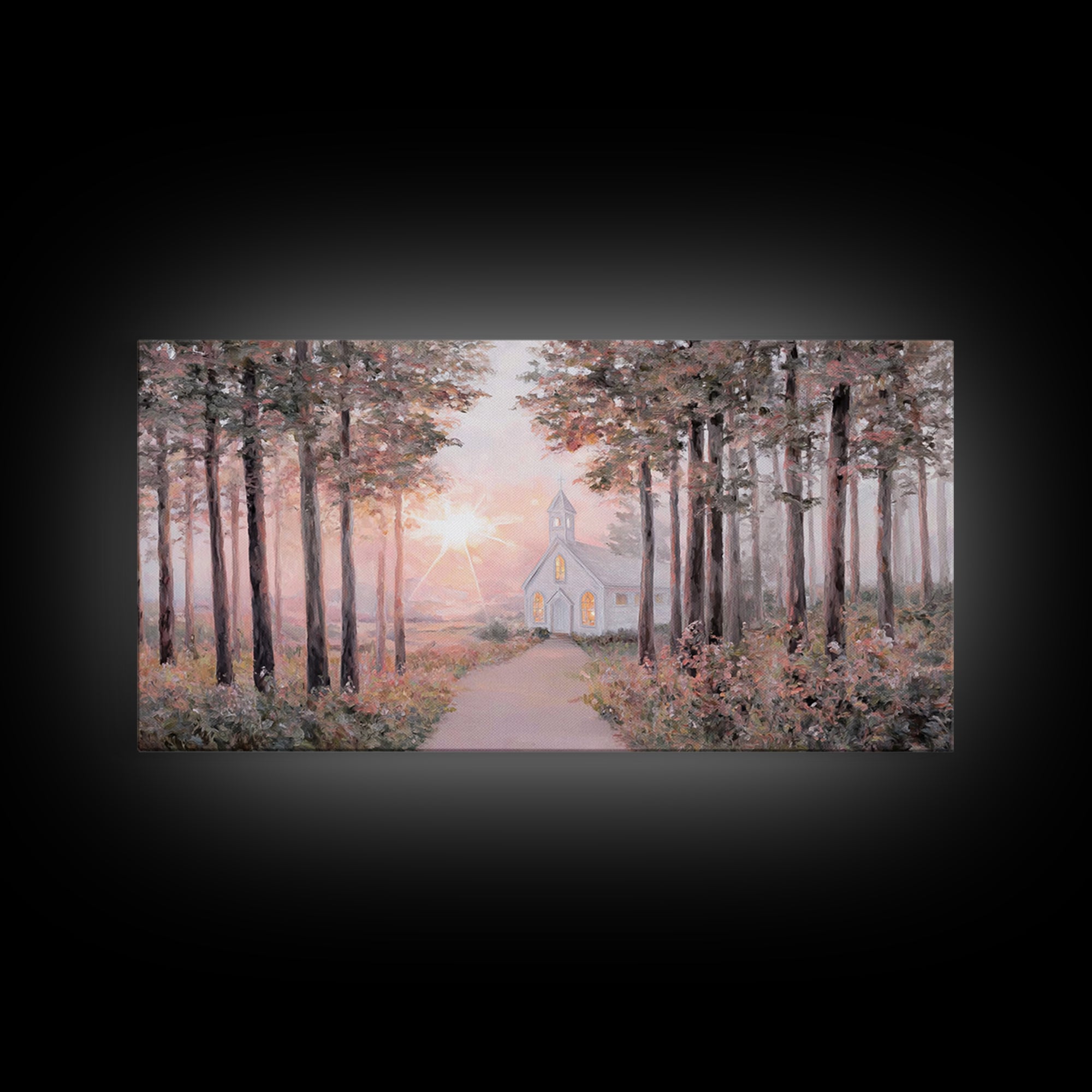 Sunlit Chapel Path, Framed Canvas Print, Christian Art Canvas, Christian Wall Art, Christian Art, Christian Painting, Christian Gift Ideas