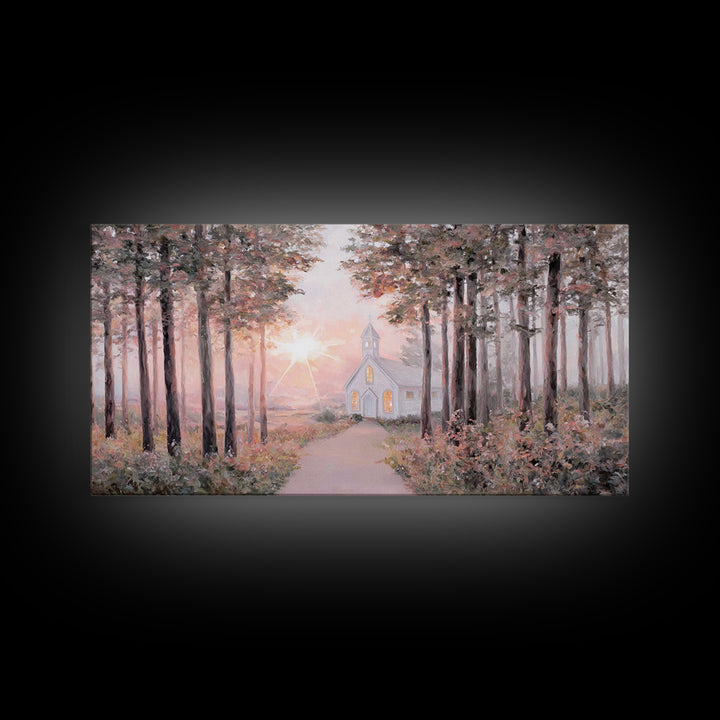 Sunlit Chapel Path, Framed Canvas Print, Christian Art Canvas, Christian Wall Art, Christian Art, Christian Painting, Christian Gift Ideas