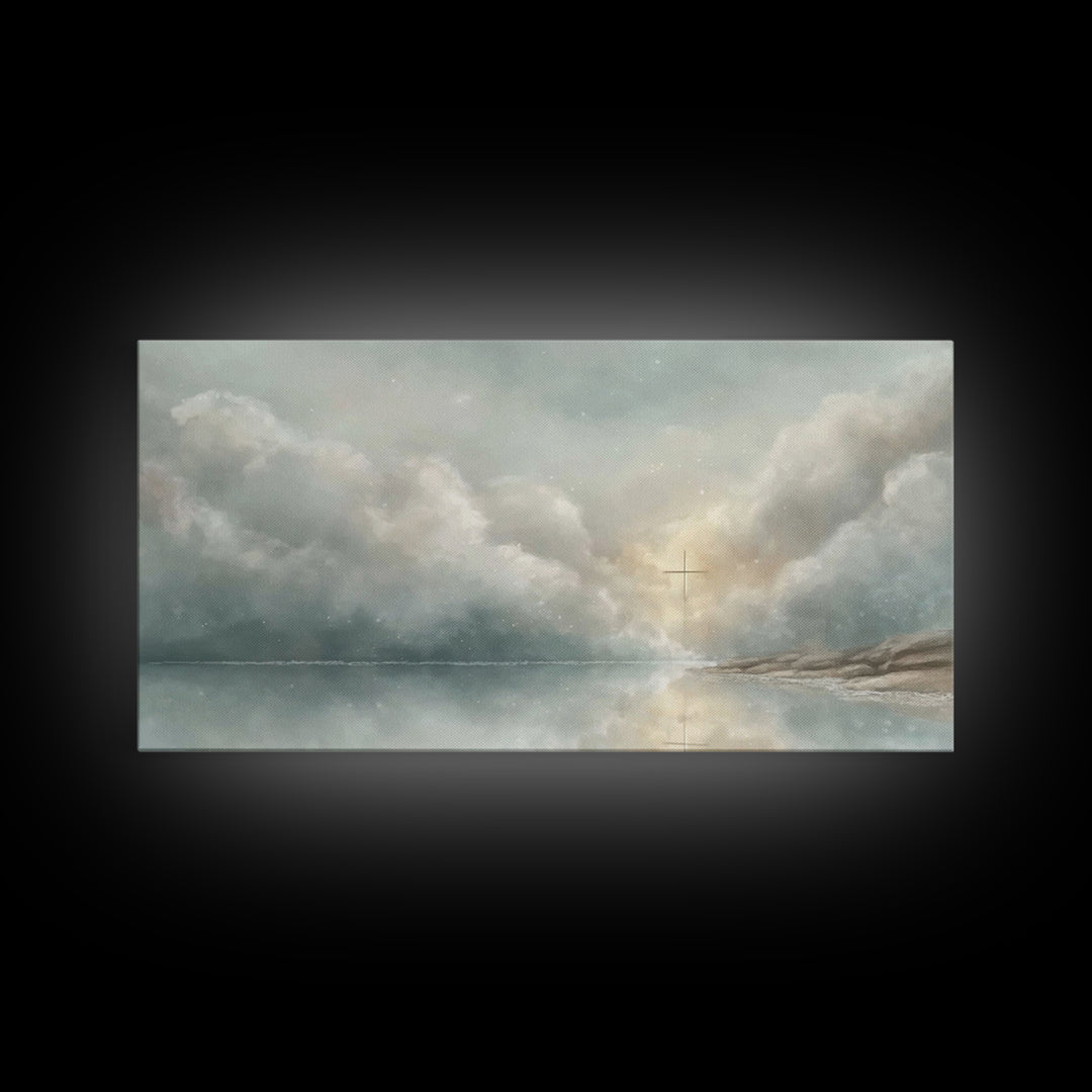 Cross In The Mist – Framed Canvas Print – Christian Wall Art – Jesus Painting – Moody Christmas Art – Christian Gift Ideas – Christian Art