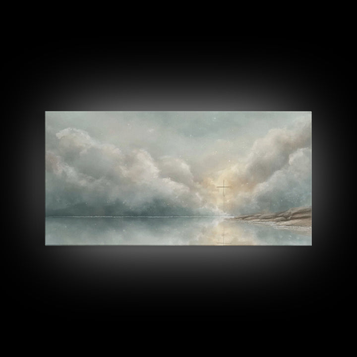 Cross In The Mist – Framed Canvas Print – Christian Wall Art – Jesus Painting – Moody Christmas Art – Christian Gift Ideas – Christian Art