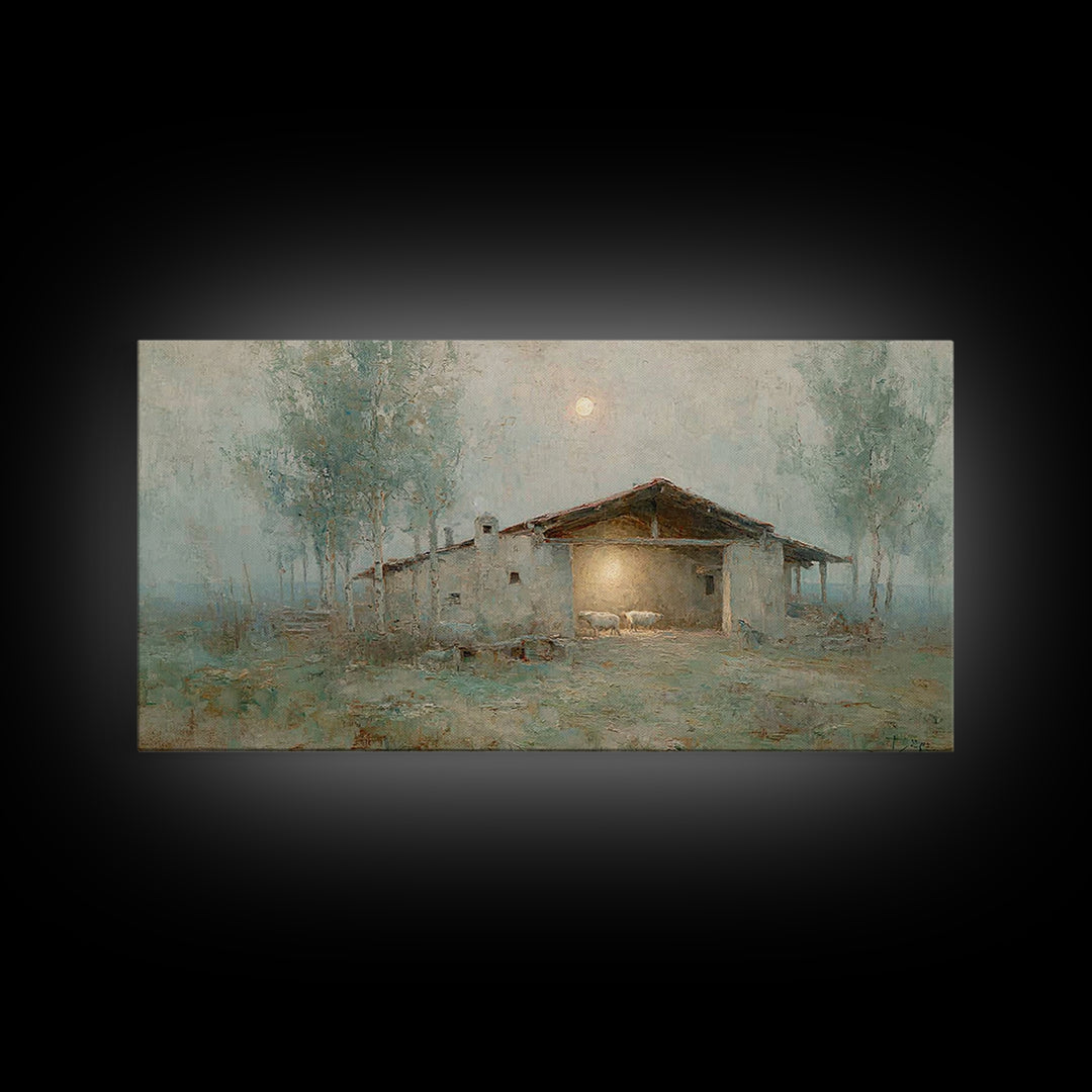Midnight Stable – Framed Canvas Print – Christian Wall Art – Christian Decor – Christian Art Canvas – Christian Christmas Art – Christmas A
