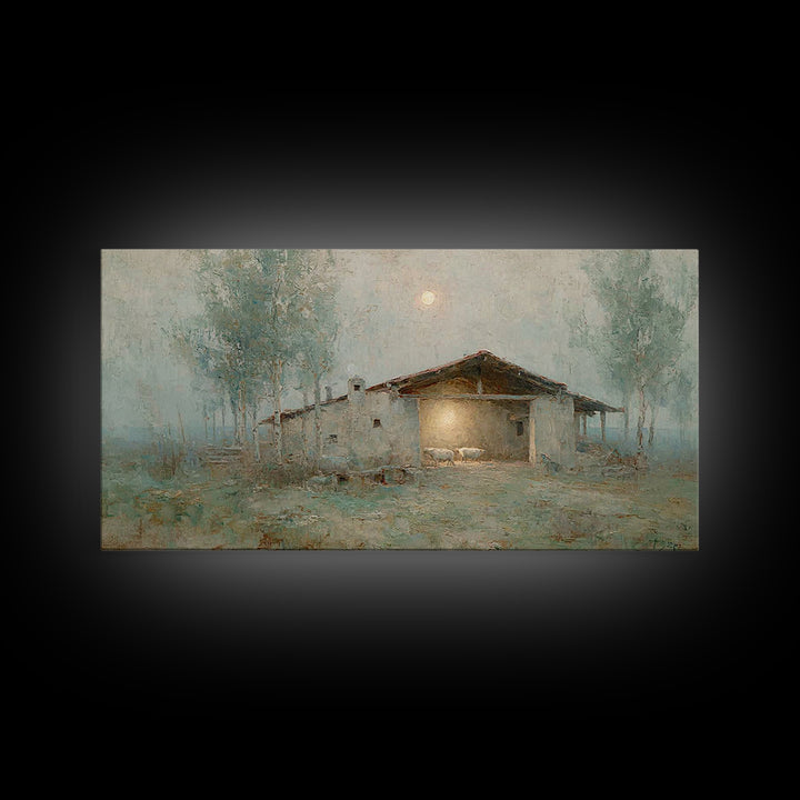 Midnight Stable – Framed Canvas Print – Christian Wall Art – Christian Decor – Christian Art Canvas – Christian Christmas Art – Christmas A