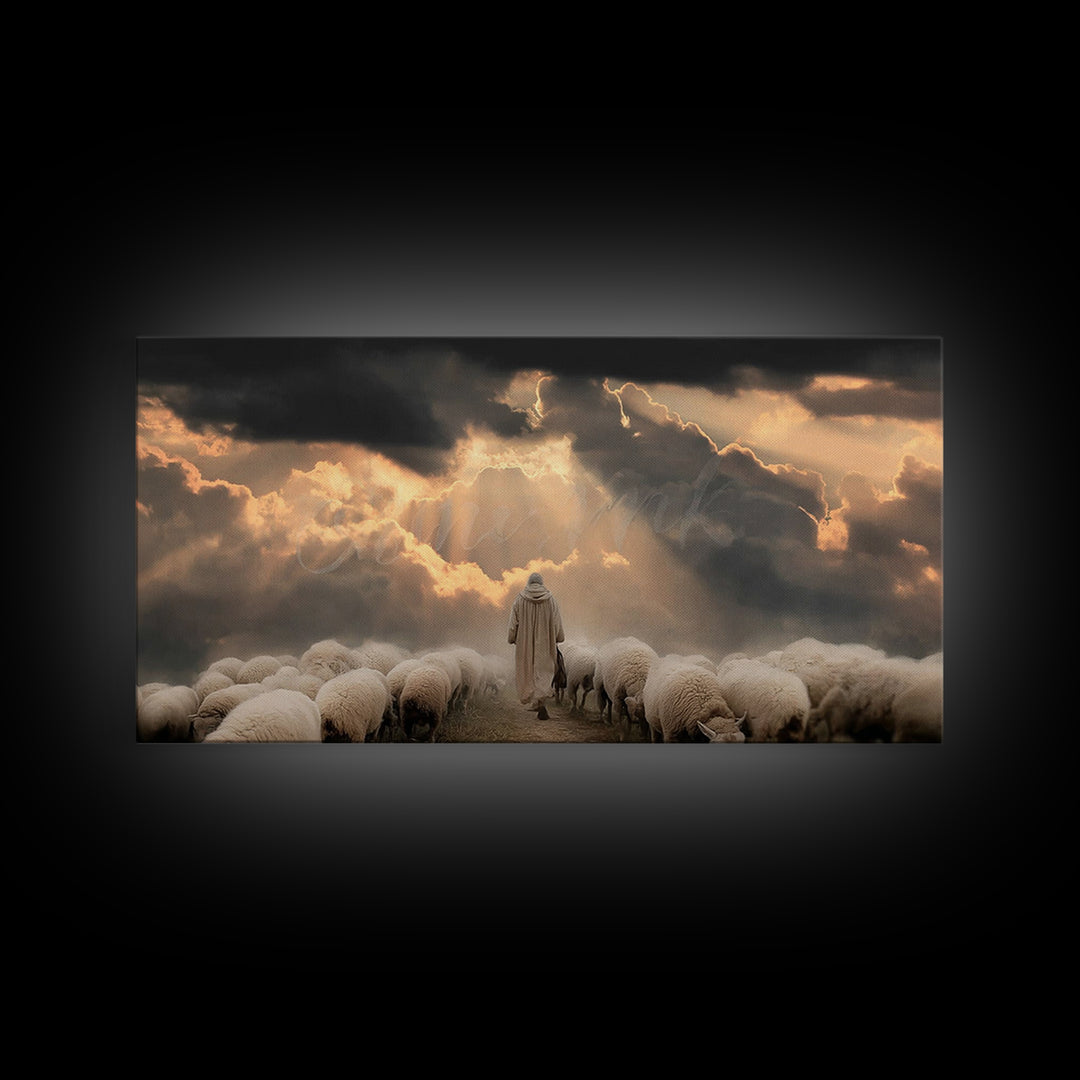 Heavenly Shepherd Light – Framed Canvas Print – Christian Wall Art – Christian Christmas Art – Jesus Painting – Christmas Canvas Wall Art –