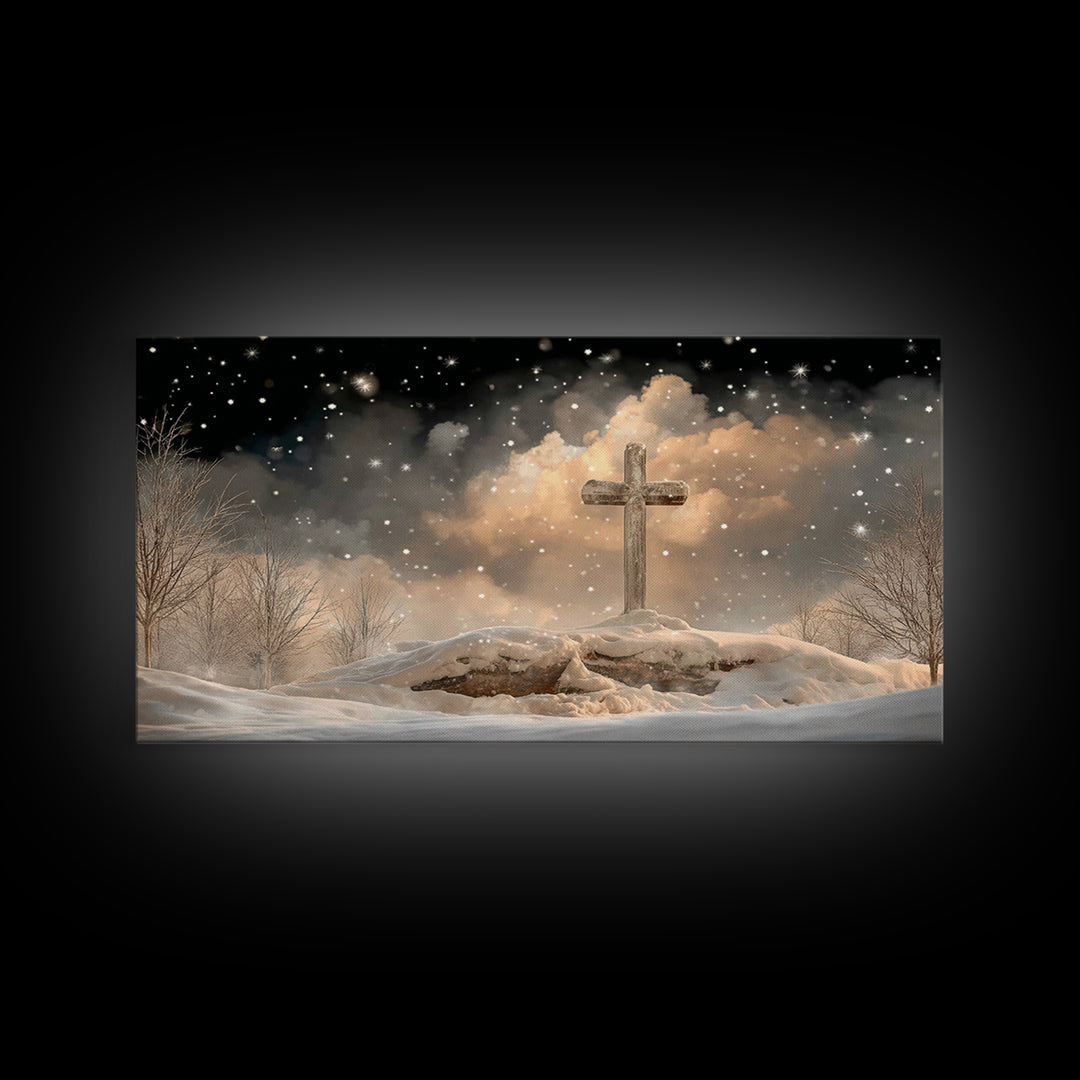 Midnight Bethlehem Glow – Framed Canvas Print – Christian Christmas Art – Christian Wall Art – Christian Art Canvas – Christmas Wall Art –