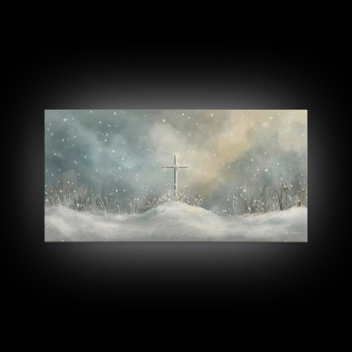 Frosted Cross Light – Framed Canvas Print – Christian Art Canvas – Minimalist Christian Art – Christian Wall Art – Subtle Christian Art – C