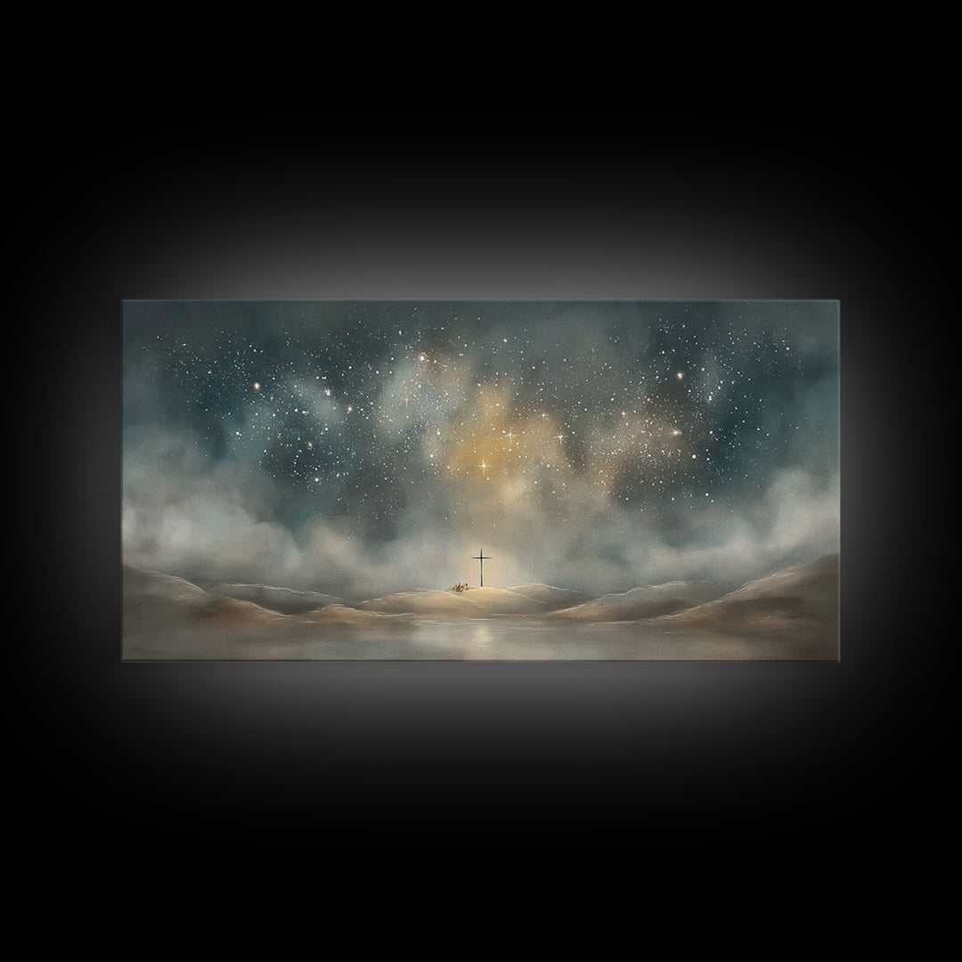 Starlit Crossland – Framed Canvas Print – Christian Art Canvas – Christian Wall Art – Modern Christian Art – Christmas Art – Christian Gift