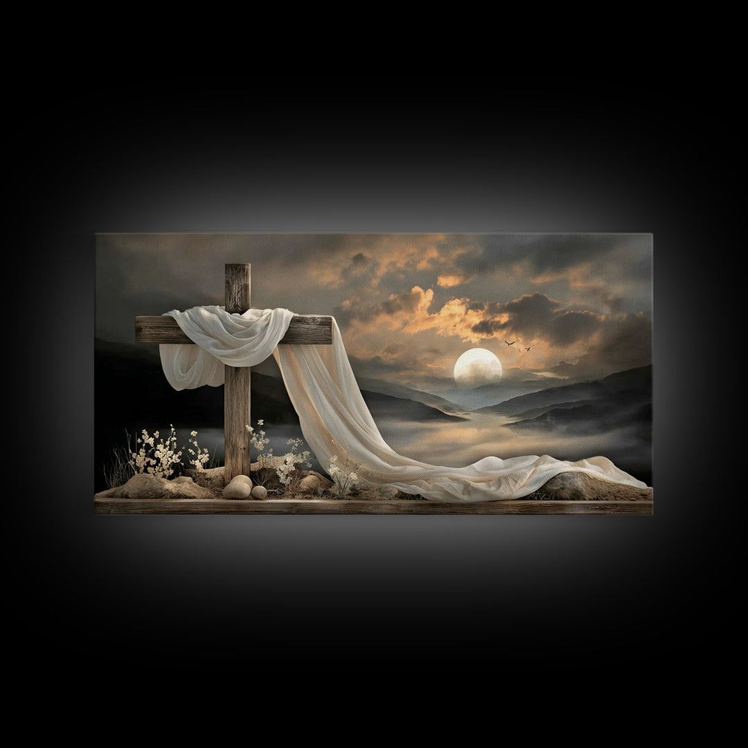 Cross At Sunset | Framed Canvas Print | Christian Art Canvas | Christian Christmas Art | Vintage Christian Art | Christian Wall Art | Chris