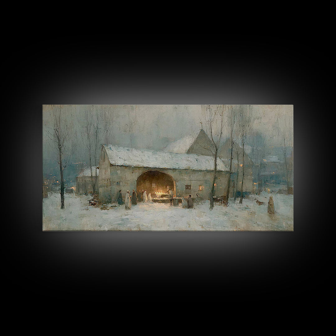 Snowbound Gathering Light | Framed Canvas Print | Christmas Art | Christian Wall Art | Vintage Christmas Art | Christian Art Canvas | Chris
