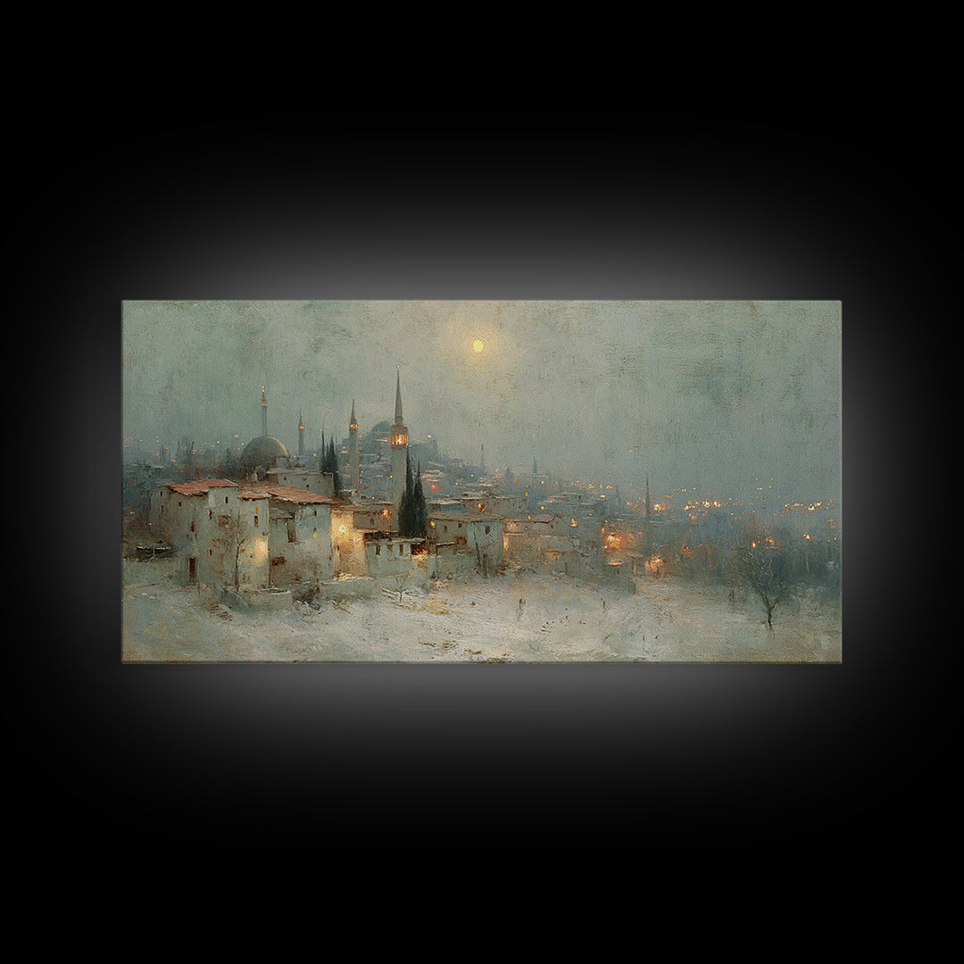 Winter Holy Town | Framed Canvas Print | Christmas Wall Art | Christian Art Canvas | Moody Christmas Art | Christian Art Print | Vintage Ch