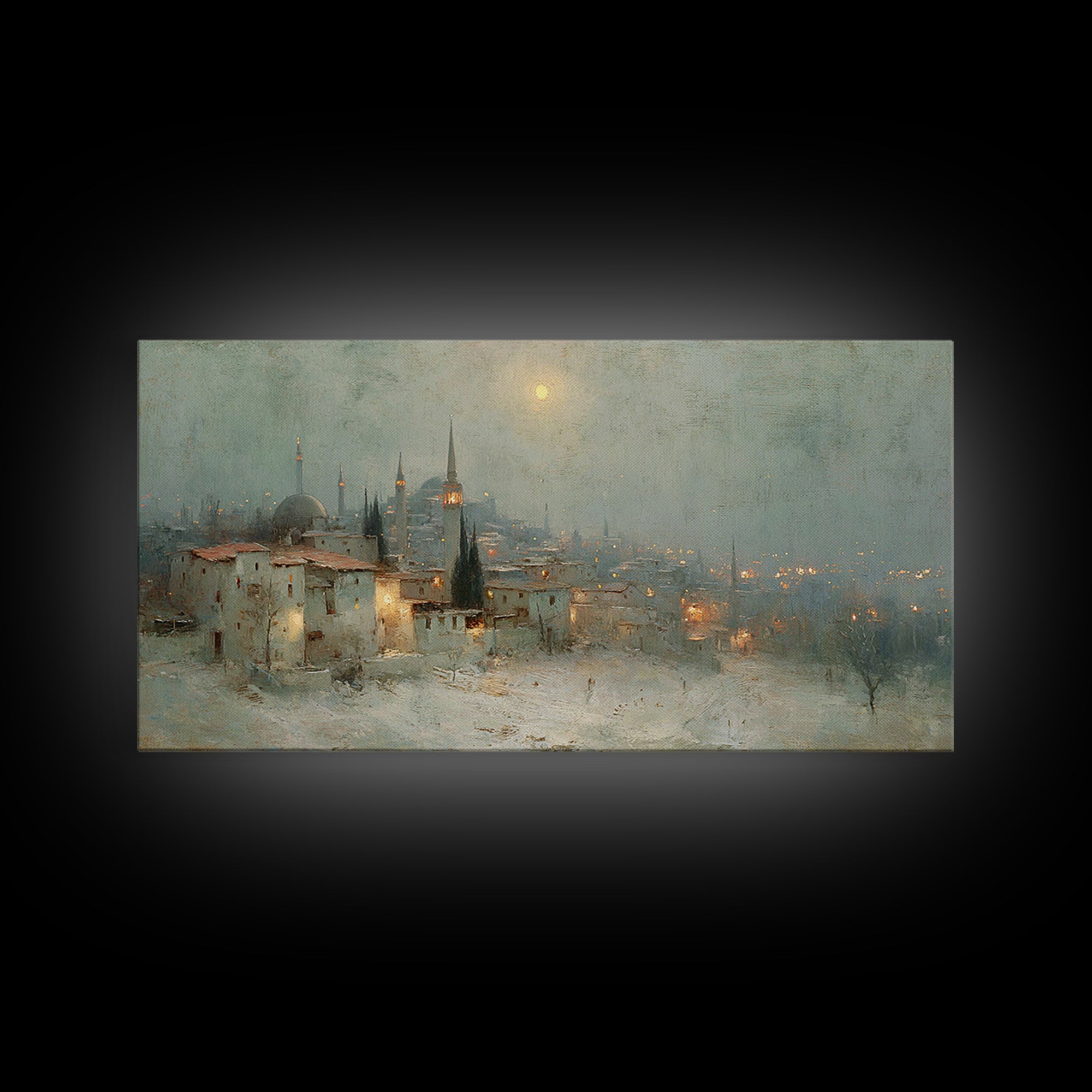 Winter Holy Town | Framed Canvas Print | Christmas Wall Art | Christian Art Canvas | Moody Christmas Art | Christian Art Print | Vintage Ch