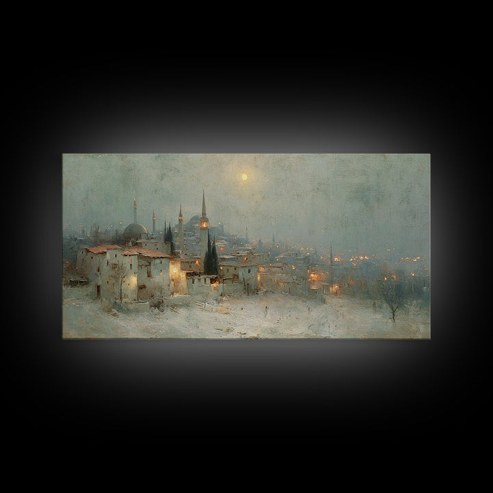 Winter Holy Town | Framed Canvas Print | Christmas Wall Art | Christian Art Canvas | Moody Christmas Art | Christian Art Print | Vintage Ch