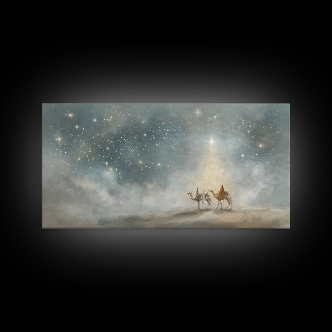 Guiding Star Journey, Framed Canvas Print, Christian Christmas Art, Christian Art Canvas, Christmas Wall Art, Blue Christian Art, Christian