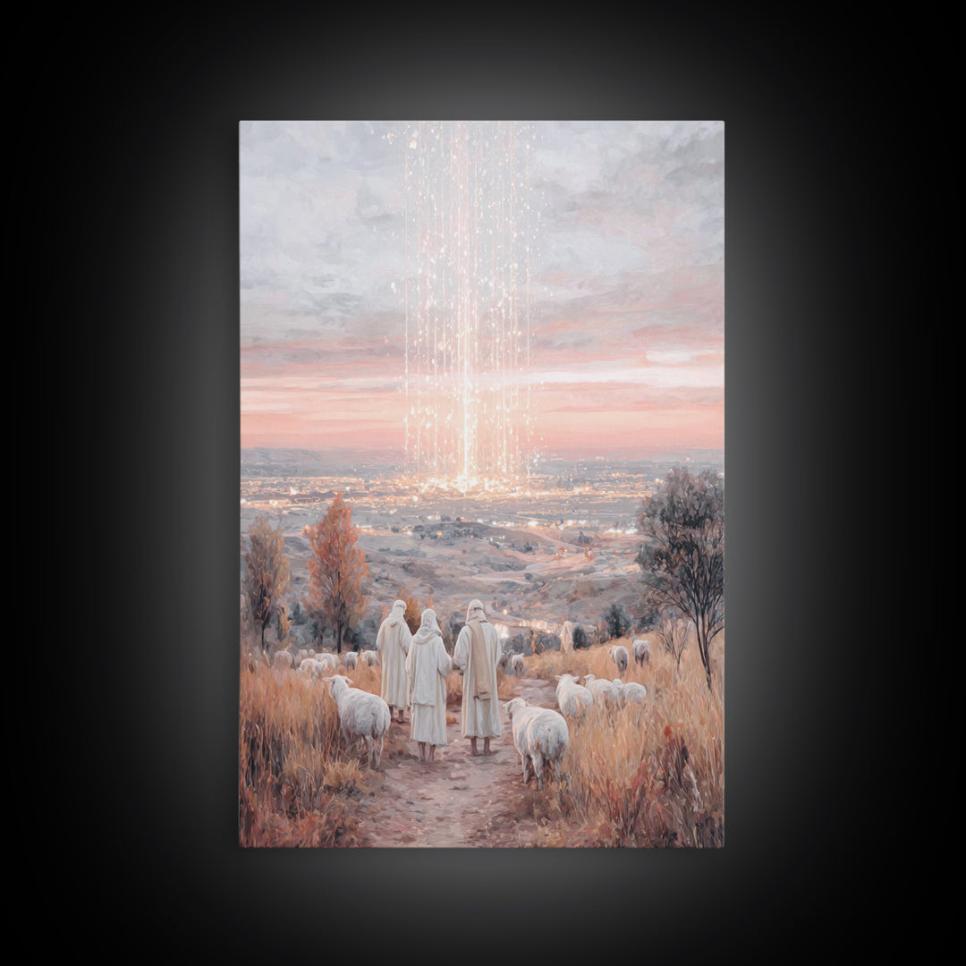 Starry Shepherds – Framed Canvas Print – Christian Christmas Art – Christian Wall Art – Vintage Christmas Art – Christmas Canvas Wall Art –