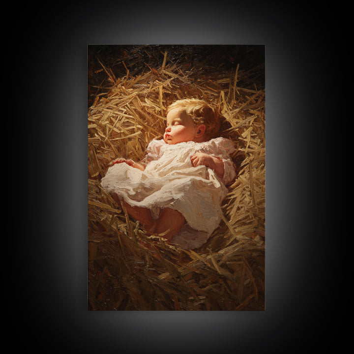 Silent Straw Light, Framed Canvas Print, Christian Art Canvas, Christmas Wall Art, Jesus Painting Canvas, Christian Christmas Art, Christia