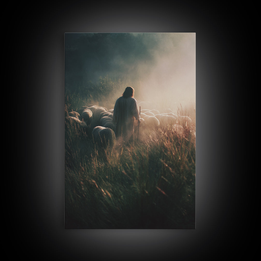 Morning Flock Peace | Framed Canvas Print | Jesus Painting | Christian Christmas Art | Christian Art Canvas | Moody Christian Art | Christi