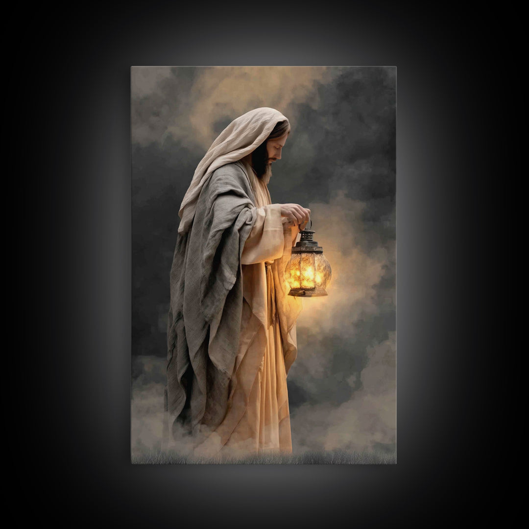 Guiding Lantern – Framed Canvas Print – Christian Wall Art – Jesus Painting – Christian Art Canvas – Moody Christian Art – Christian Gift