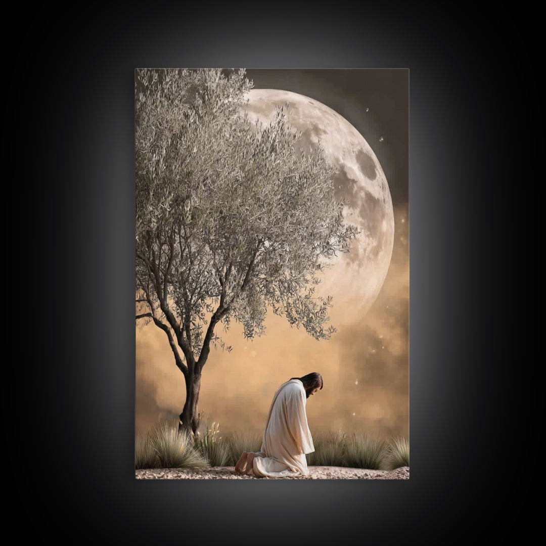 Moonlit Supplication, Framed Canvas Print, Jesus Canvas Art, Christian Wall Art, Modern Christian Art, Christian Art Canvas, Christian Gift