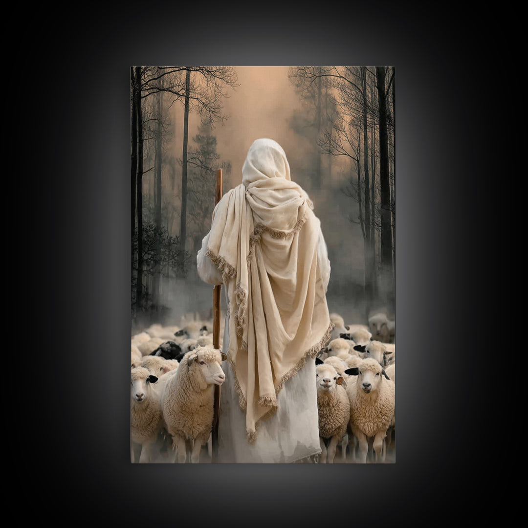 Guardian Of The Flock – Framed Canvas Print – Jesus Painting – Christian Wall Art – Large Jesus Painting – Christian Art Canvas – Christian