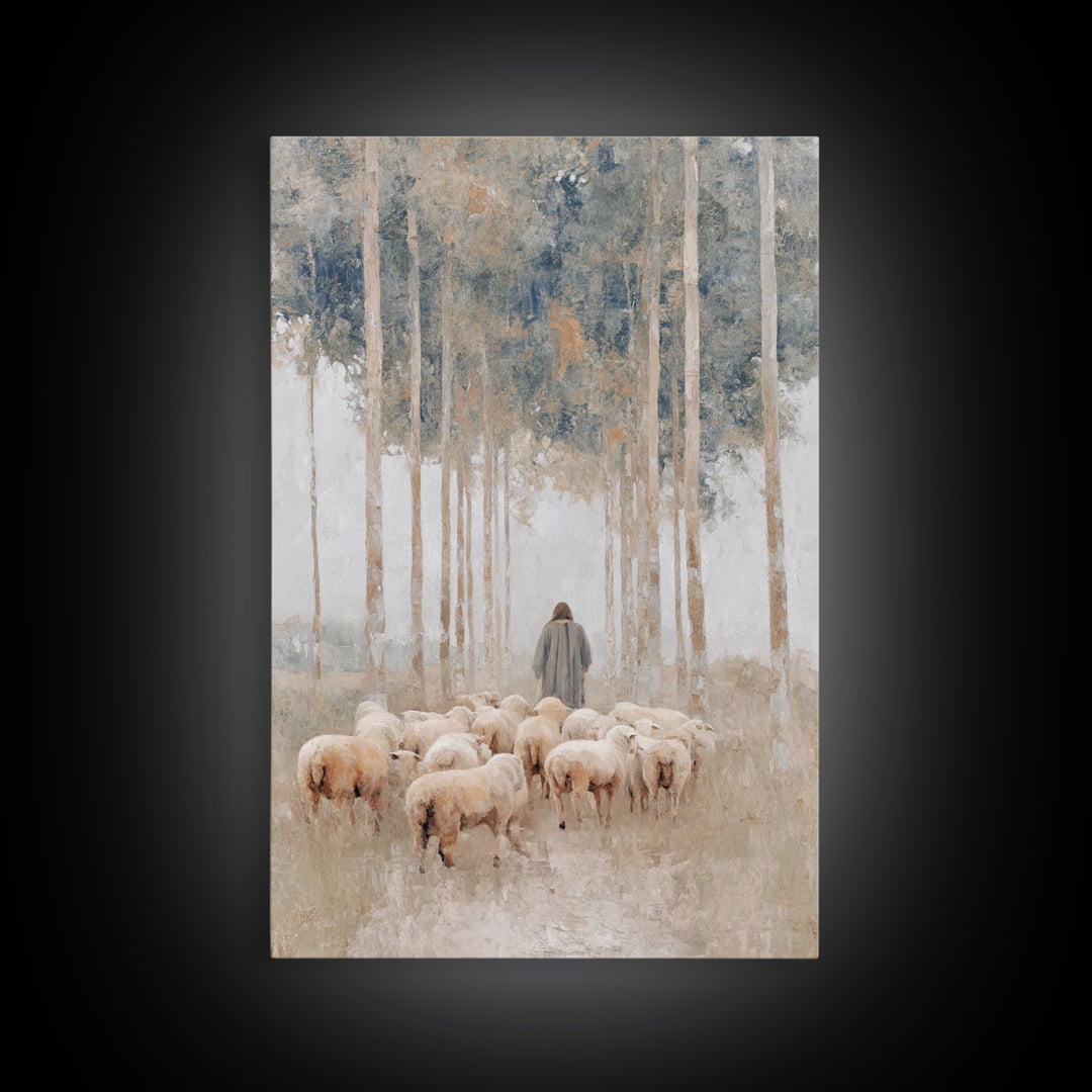 Woodland Shepherd Light – Framed Canvas Print – Christian Art Canvas – Christian Wall Art – Modern Christian Painting – Pastoral Scenery –
