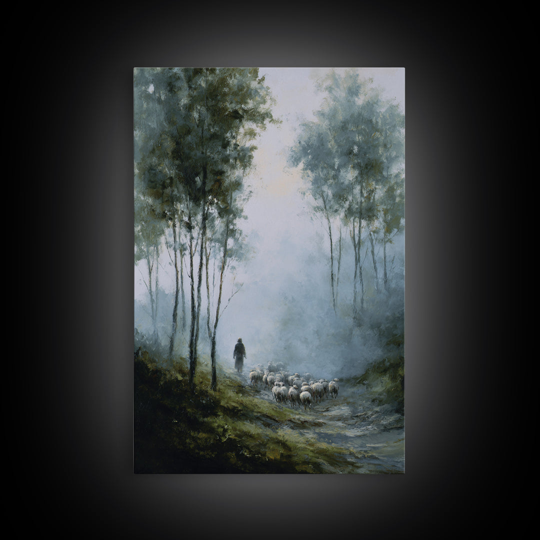 Silent Flock Journey – Framed Canvas Print – Christian Art Canvas – Christian Wall Art – Moody Christian Art – Jesus Painting – Christmas A