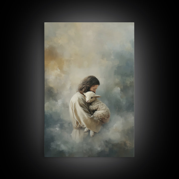 Arms Of The Shepherd – Framed Canvas Print – Jesus Painting – Christian Art Canvas – Christian Wall Art – Christian Christmas Art – Subtle