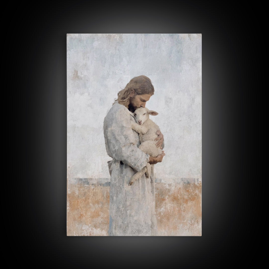 Heavenly Lamb Embrace – Framed Canvas Print – Christian Art Canvas – Jesus Painting – Christian Wall Art – Large Christian Art – Christian