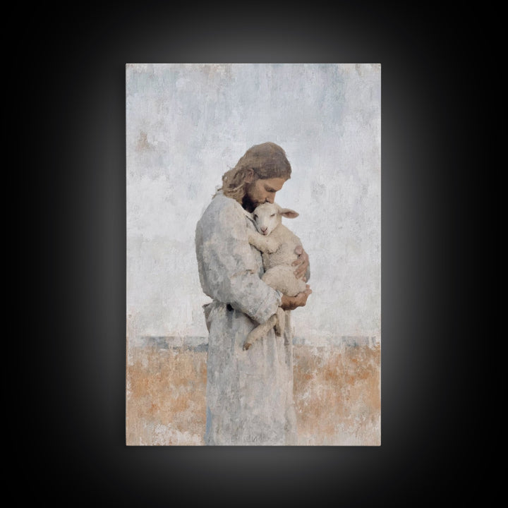 Heavenly Lamb Embrace – Framed Canvas Print – Christian Art Canvas – Jesus Painting – Christian Wall Art – Large Christian Art – Christian