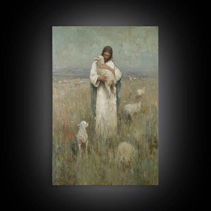 Gentle Shepherd Light, Framed Canvas Print, Christian Wall Art, Jesus Painting, Christian Art Canvas, Christian Gift Ideas, Vintage Christi