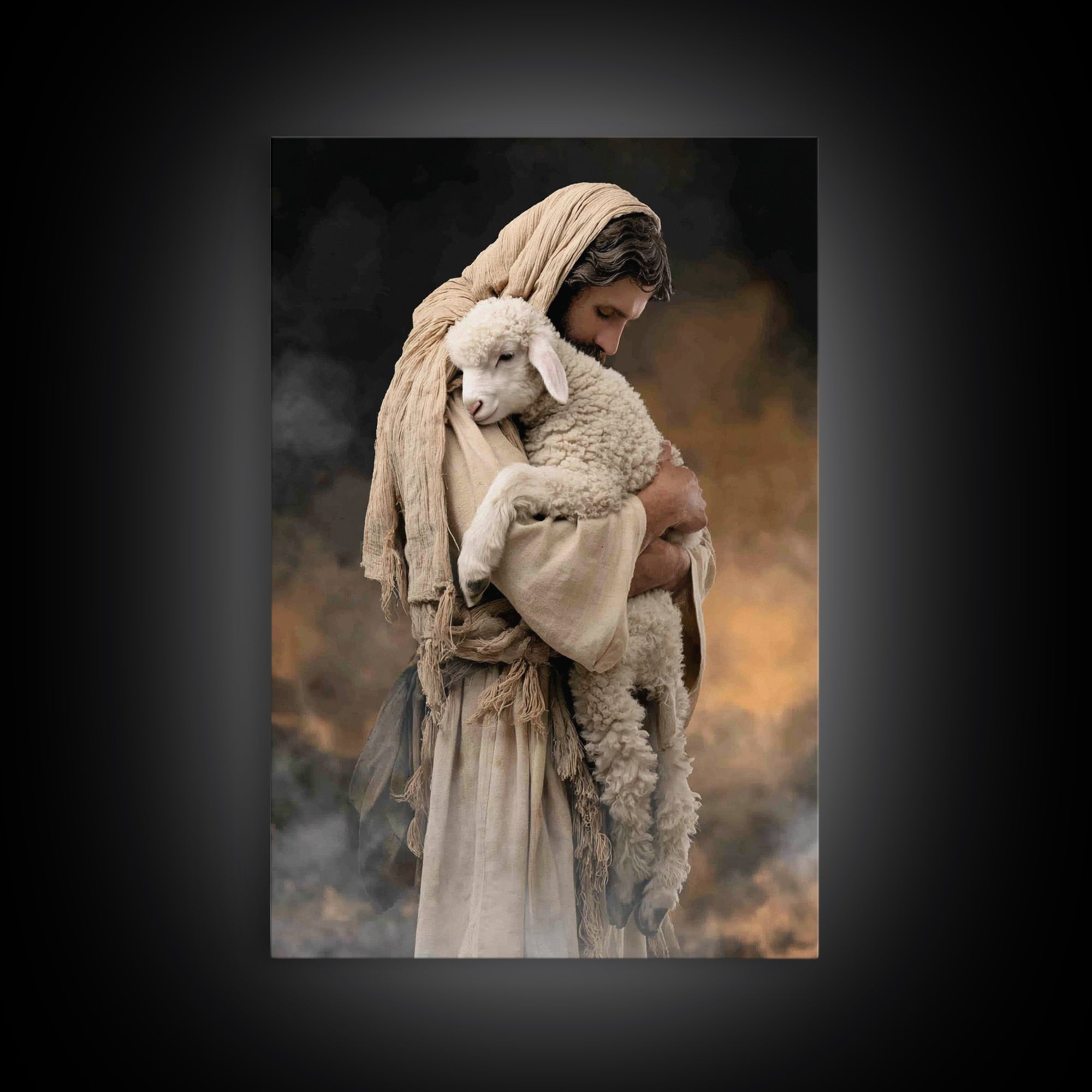 Tender Lamb Embrace, Framed Canvas Print, Jesus Painting, Christian Art Print, Christian Wall Art, Large Christian Painting, Christian Deco