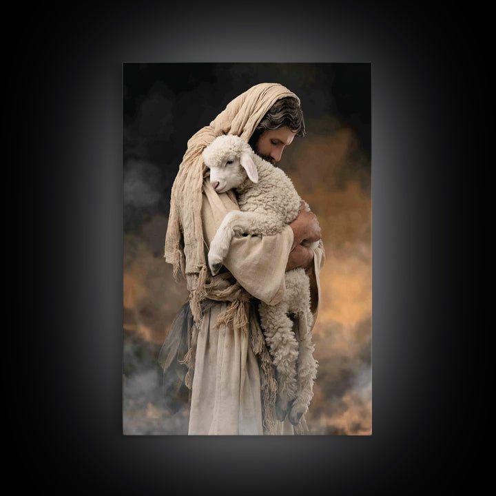 Tender Lamb Embrace, Framed Canvas Print, Jesus Painting, Christian Art Print, Christian Wall Art, Large Christian Painting, Christian Deco