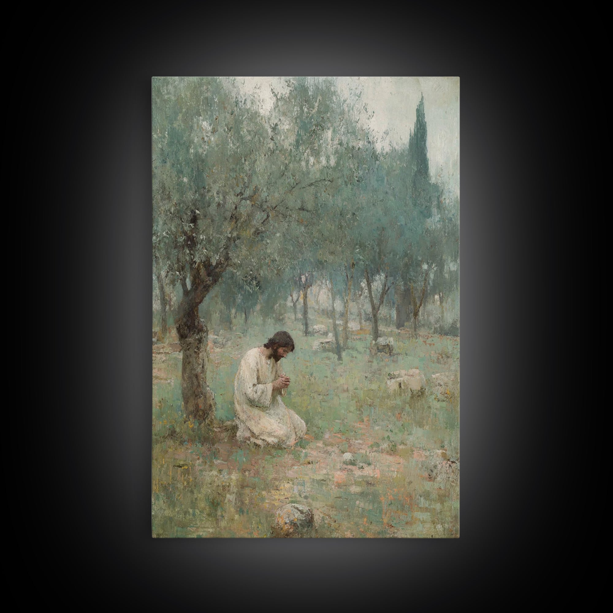 Garden Of Prayer, Framed Canvas Print, Christian Wall Art, Christian Art Canvas, Jesus Painting, Subtle Christian Art, Christian Gift