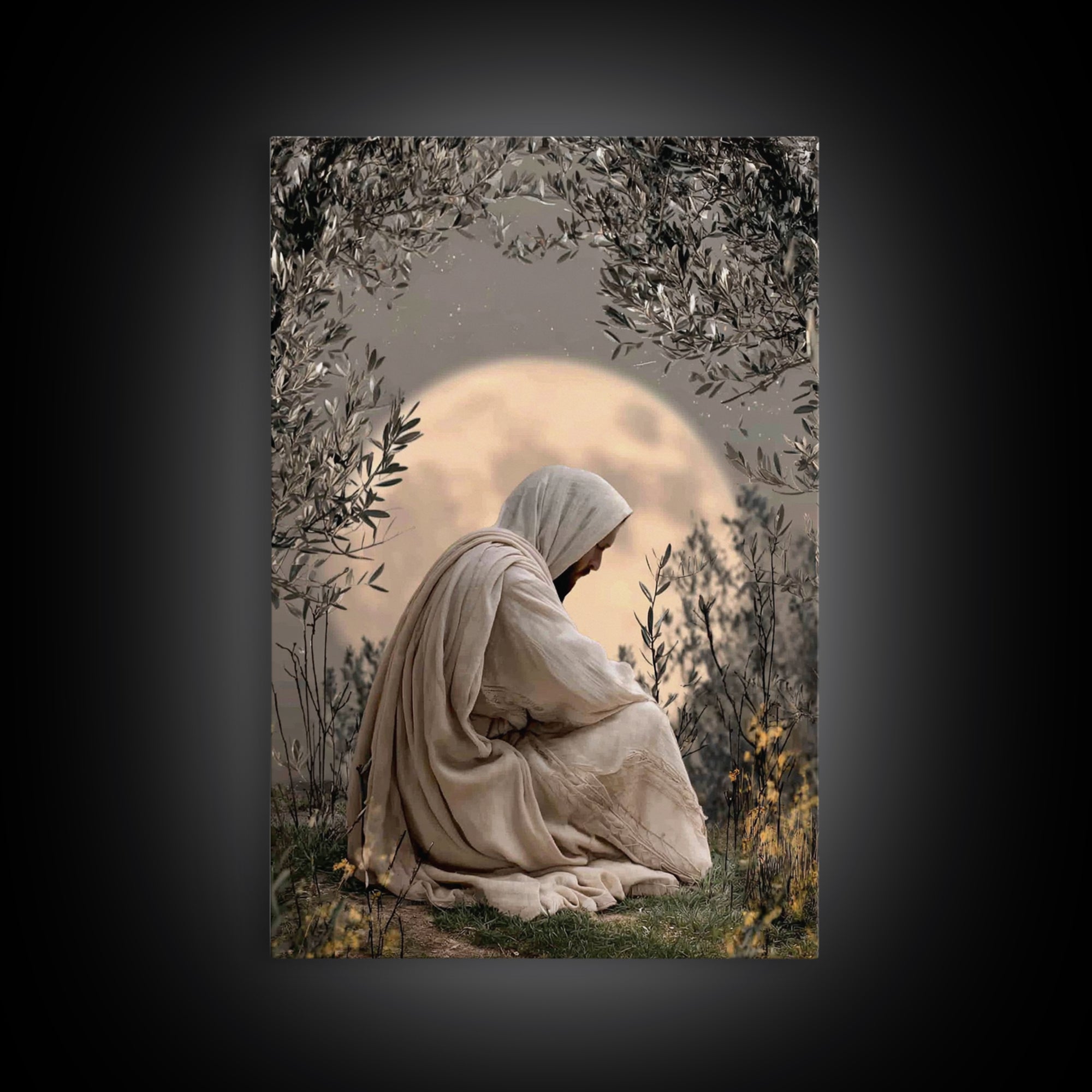 Moonlit Devotion, Framed Canvas Print, Christian Wall Art, Jesus Painting, Moody Christian Art, Christian Art Canvas, Christian Decoration